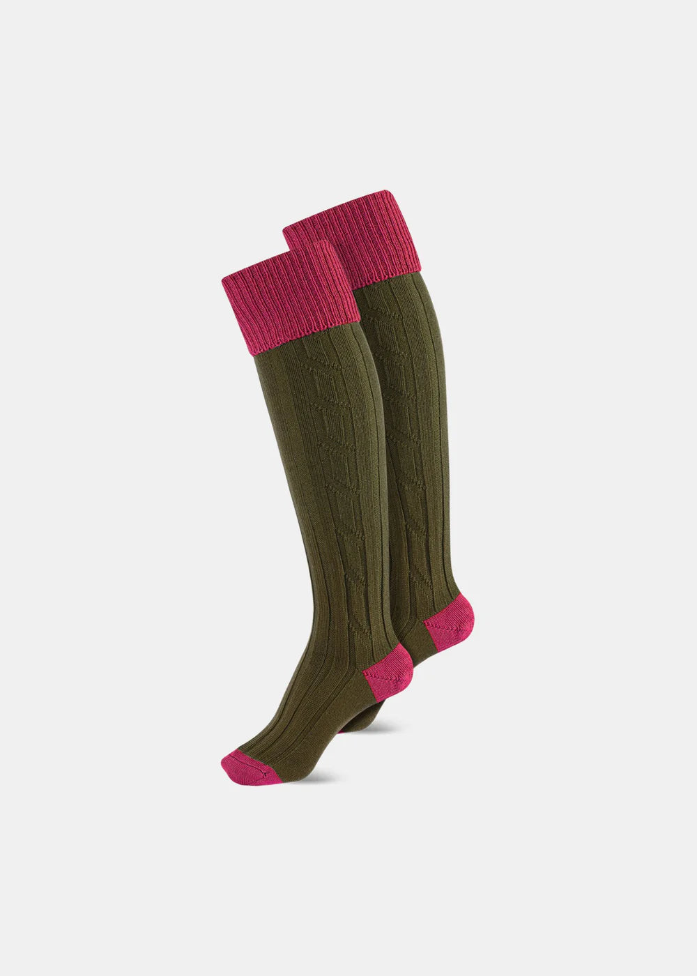 En håndlavet damesok lavet af luksuriøse uldfibre i pink og oliven farve. • 85% Uld | 10 % nylon | 5% Lycra • Forstærket tå