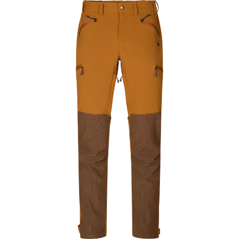 · Zipped thigh pockets · Benlommer med lynlås · Ventilationslynlåse Main material · 94% Nylon/6% Elastane · DWR · Oxford Main material · 94% Polyester/6% Elastane Lining · 100% Polyester · SEETEX® 10000/10000 · SEETEX® 2-layer lining · Wash 30C · Do not bleach · Do not tumble dry · Do not iron · Do not dry clean SEELAND - Larch membran-buks_burnt clay